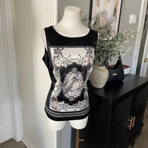 212 Collection Scarf Print Tank Top Women Medium Black White Satin Floral Blouse
